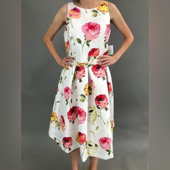 Gaby Skye white and pink floral damask like fabric pleated dress 4 - Picture 2 of 8